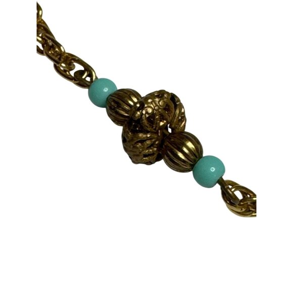 Gold Chain Necklace Drop Earrings Set Faux Turquoise Beads Vintage-Inspired - Picture 3 of 7